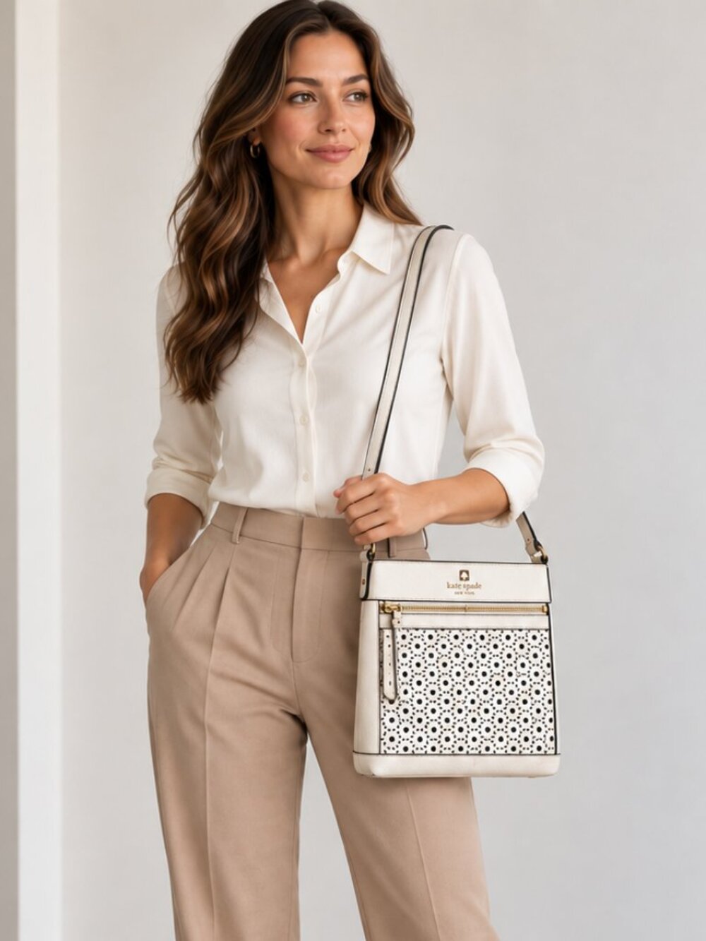Kate Spade New York White Perforated Leather Shoulder Bag Purse Floral Pattern